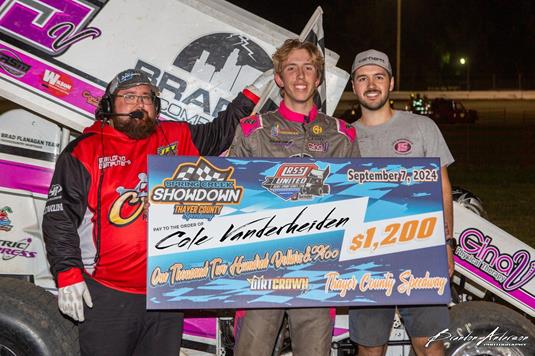 Cole Vanderheiden Parks in URSS Victory Lane at Thayer County Speedway