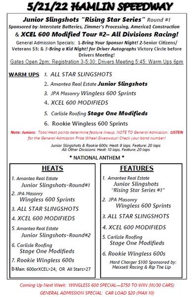 5/21/22 Schedule of Events "Rising Star #1" & XCEL 600 Tour