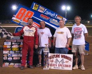 Crawley sets new track record and wins O'Reilly USCS Mid-South Thunder race at Malden Speedway.