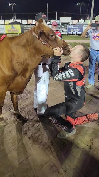Mintz kisses the cow for 305 Fremont Speedway fair race win