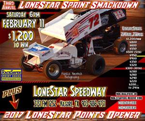 *NEXT WEEK* is the 3rd LoneStar SPRINT SMACKDOWN & Bumped-Up LONESTAR SPEEDWAY SEASON POINTS OPENER: SATURDAY, FEBRUARY 11th at 6PM!