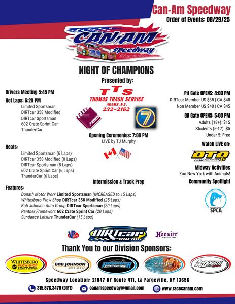 It's Night of Champions Race Day at Can-Am Speedway!