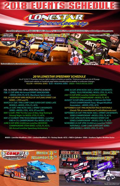 2018 LoneStar Speedway Schedule Provides Fans & Teams with Wide Range of Premier Events!