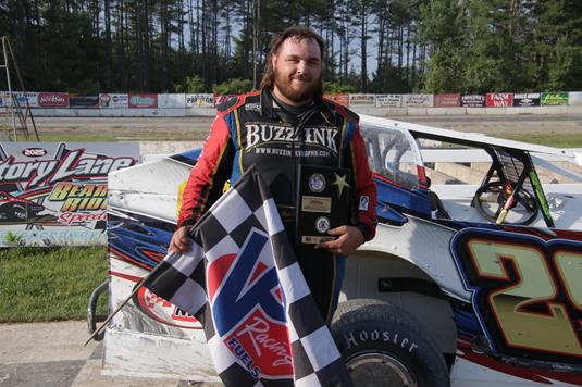 After almost a year Cooper Hodge wins in the Wells River Chevrolet DIRTcar Sportsman Coupes  Kevin LaForest gets his second win in the Woodsville Powe