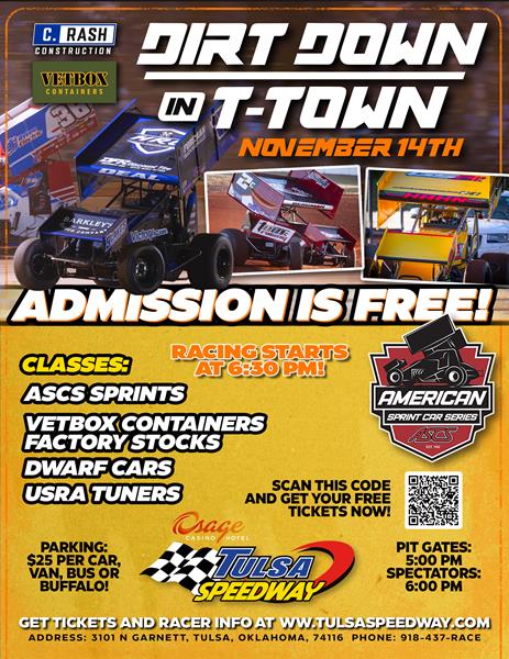 Osage Casino & Hotel Tulsa Speedway Set to Host Both American Sprint Car Series National Tour and the ASCS Nation Regional Tours on November 14th.