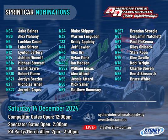 Saturday 14 December - Sprintcar Nominations