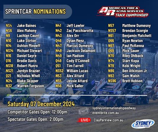 Sprintcars Nominations - Saturday 07 December 2024