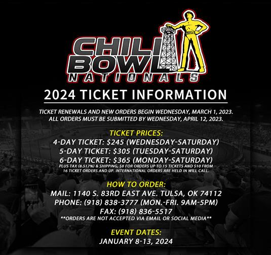 Ticket Sales Begin March 1, 2023 For The 38th Annual Lucas Oil Chili Bowl Nationals