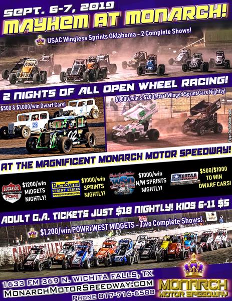 “MAYHEM at MONARCH” SET FOR SEPT. 6-7 Featuring 4 Divisions of Open Wheel Racing!
