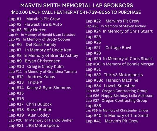 THERE ARE ONLY A FEW HOURS LEFT TO PURCHASE LAPS FOR TONIGHT'S MARVIN SMITH MEMORIAL!