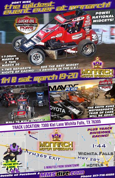 BIG TIME MIDGET RACING is COMING TO MONARCH FRI/SAT March 19-20! The BEST Midget Drivers NATIONWIDE WILL BE HERE! PLUS MMS Divisions Racing!