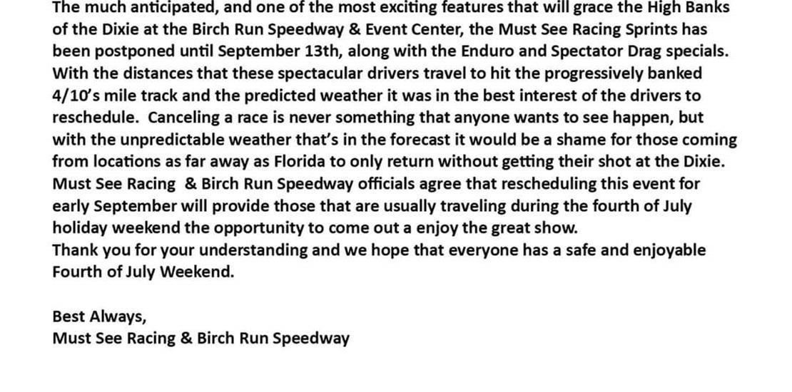 Races for July 5th have been postponed until Septe...