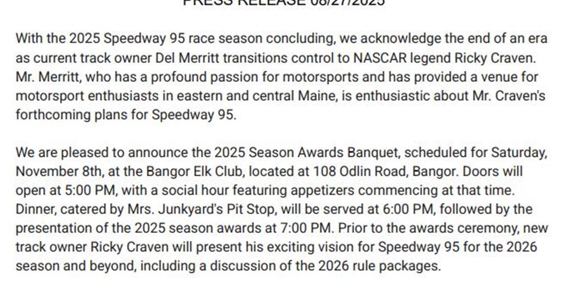 Track Plans will be announced at the Banquet