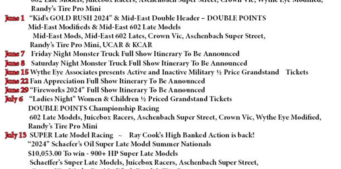 2024 Wythe Raceway Schedule