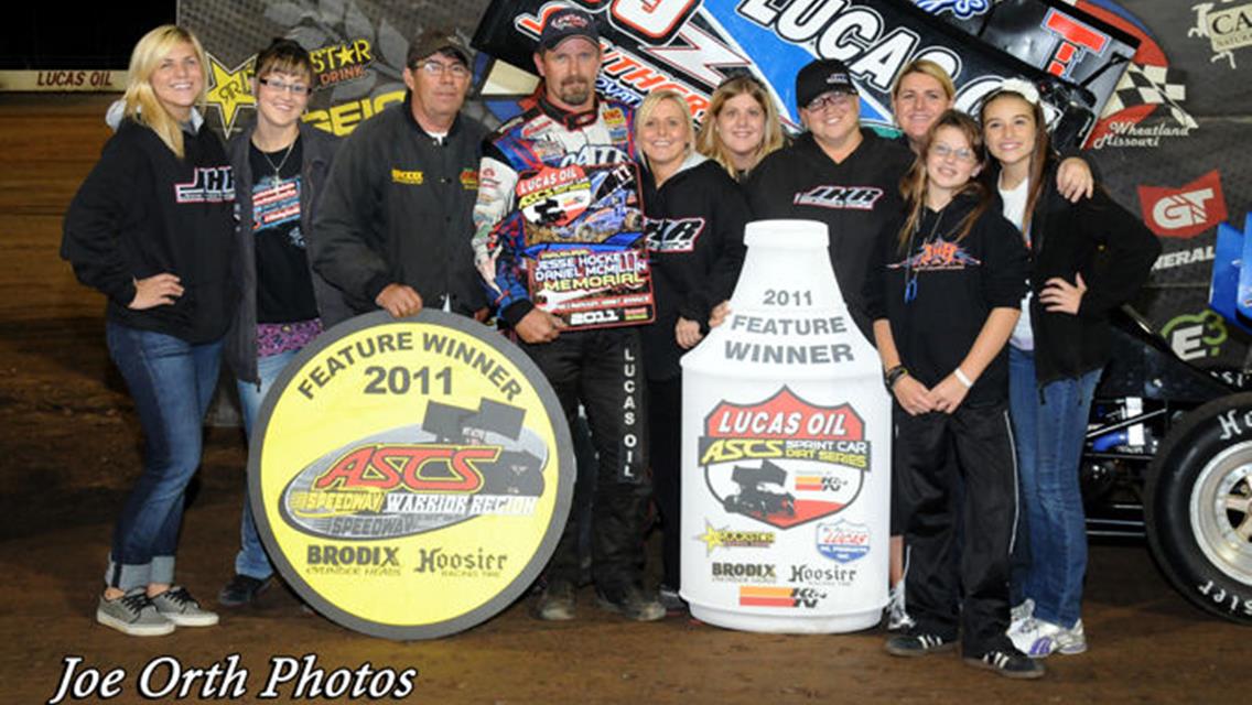 Tim Crawley broke into Lucas Oil ASCS presented by K&amp;N Filters victory lane for the first time this year by topping Friday night&#39;s 25-lap Jesse Hockett / Daniel McMillin Memorial feature event at Wheatland, Missouri&#39;s Lucas Oil Speedway. (Joe Orth photo)