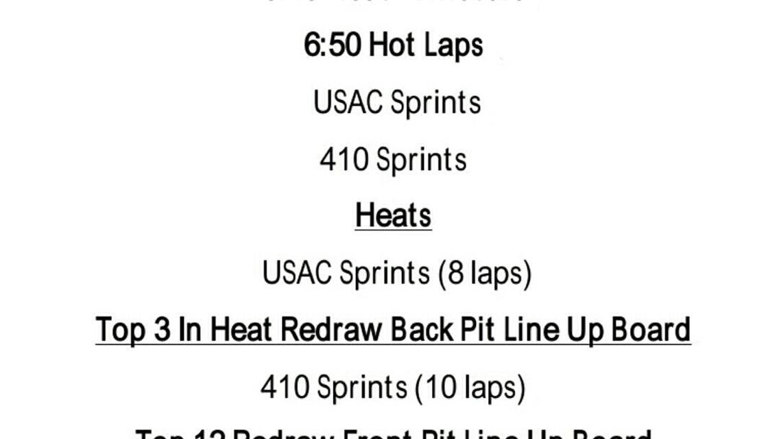 WILLIAMS GROVE APRIL 5TH USAC-EC OPENER ORDER OF EVENTS