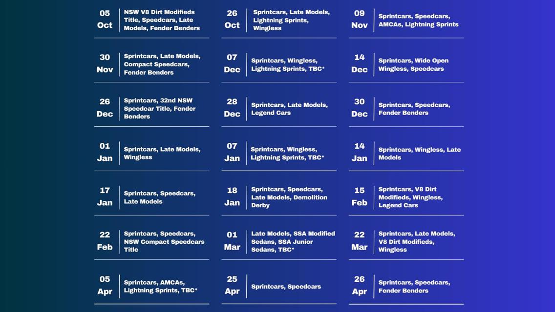 Sydney International Speedway 2024/2025 Season Calendar