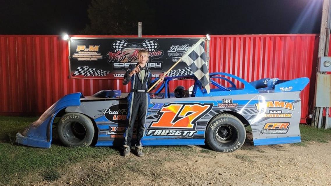 Braxton Faucett visited victory lane in his Sportsman Late Model at West Alabama Speedway.