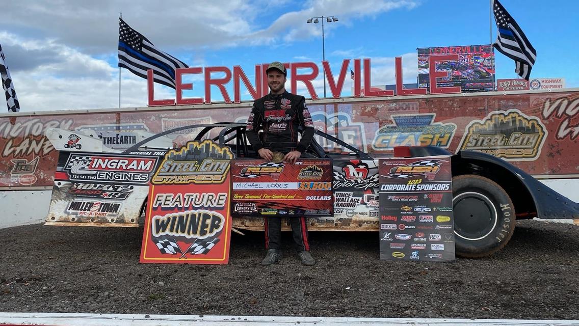 LERNERVILLE SUPER LATE MODEL STANDOUT MICHAEL NORRIS WINS HIS 1ST AT THE TRACK IN A RUSH LATE MODEL TAKING THE $3500 FLYNN&#39;S TIRE TOUR FINALE; JOHN MO