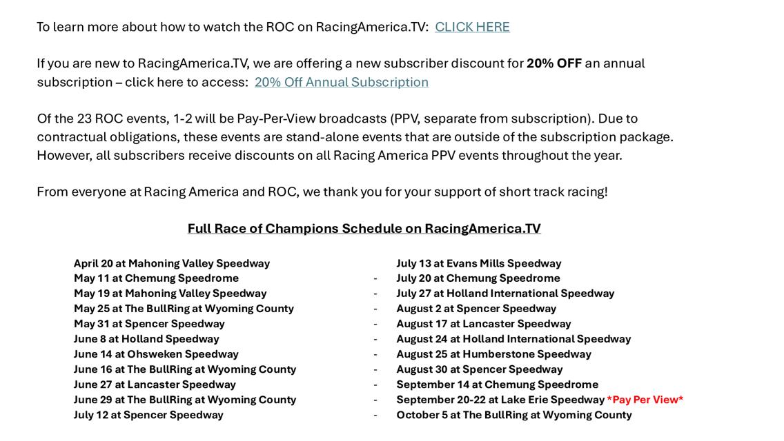 RACING AMERICA OFFERING NEW RACE OF CHAMPIONS SUBSCRIBERS INCREDIBLE DEAL