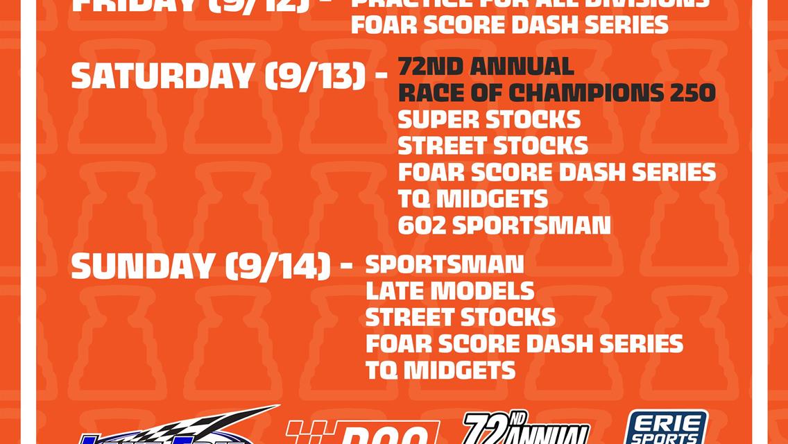 RACE OF CHAMPIONS WEEKEND AT LAKE ERIE SPEEDWAY TO HOST FINAL 250-LAP EVENT