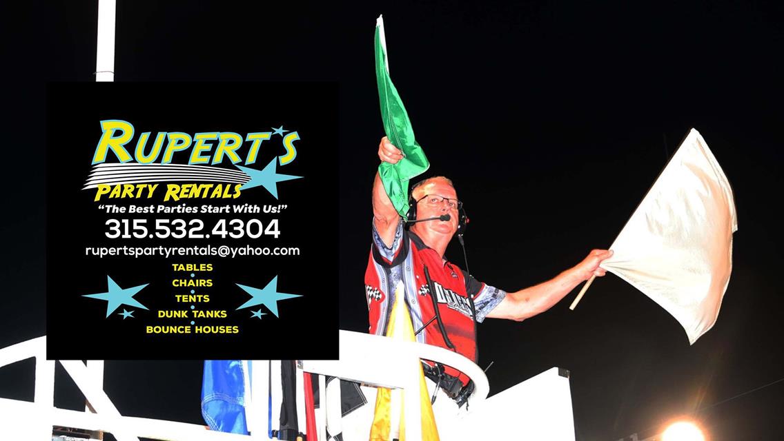 Rupert’s Party Rentals Signs on as White Flag Sponsor at Oswego Speedway, Presenting Sponsor on Saturday, July 12