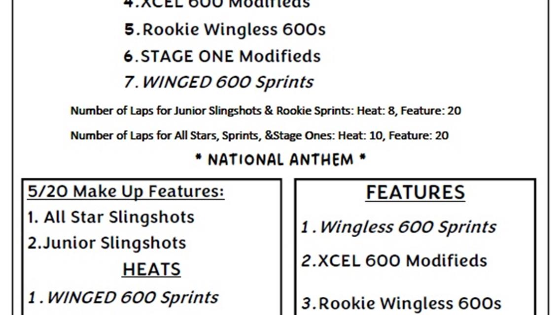 5/27/23 Schedule of Events, 600 Winged/Less Special! &amp; Slingshot Make Up Features