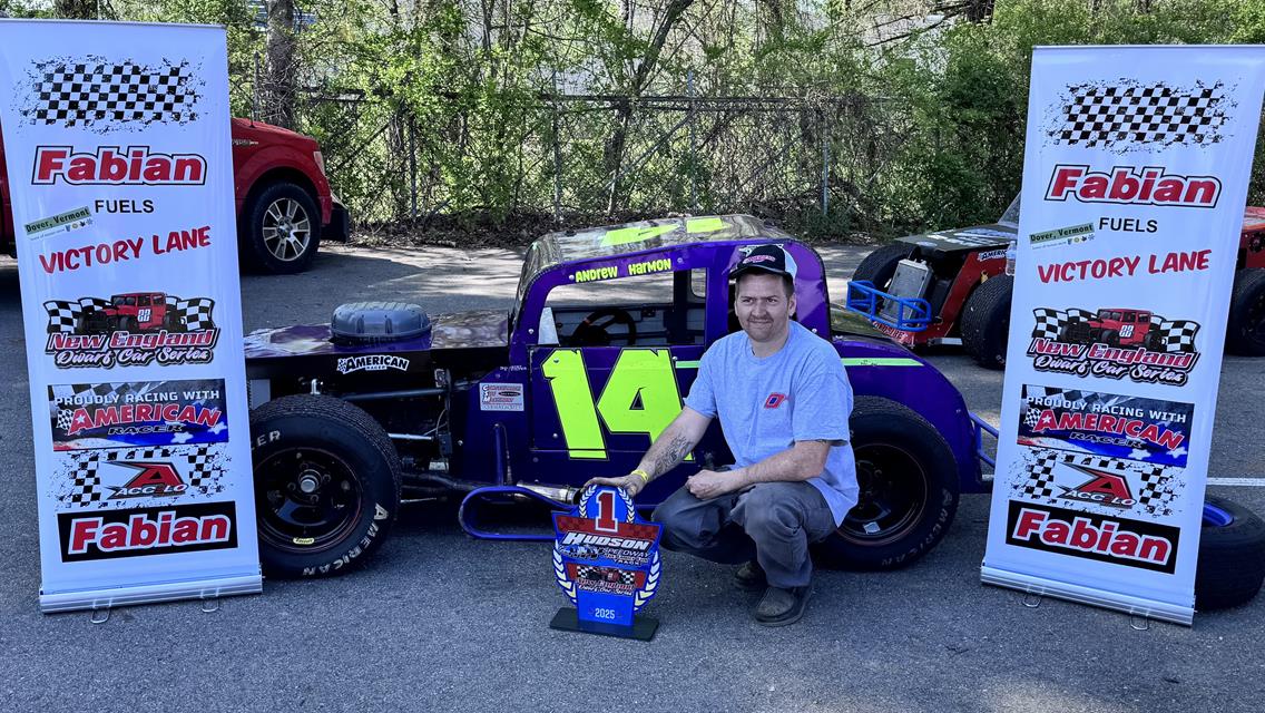 Andrew Harmon Parks it in Fabian/Mt Snow Fuel Victory lane sponsored by the Town of Dover, VT at Hudson Speedway!