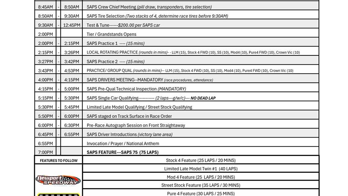 Newport Speedway Schedule