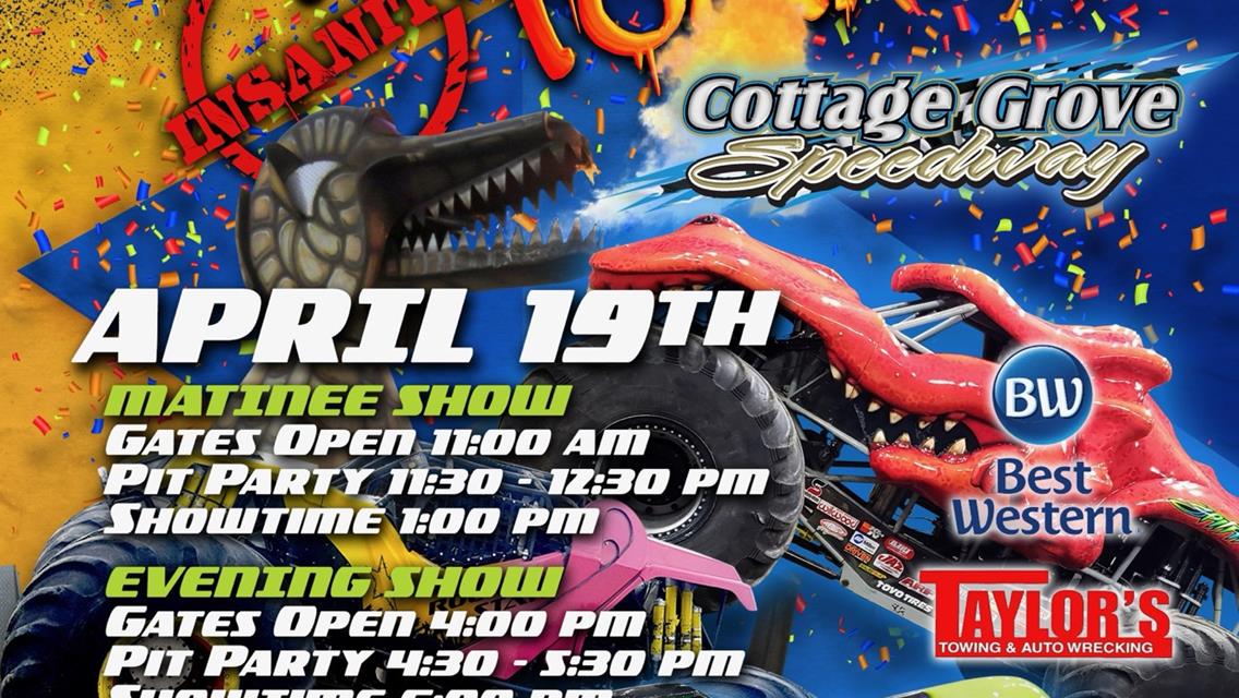 MONSTER TRUCKS AT COTTAGE GROVE SPEEDWAY TONIGHT! (SATURDAY, APRIL 19TH)