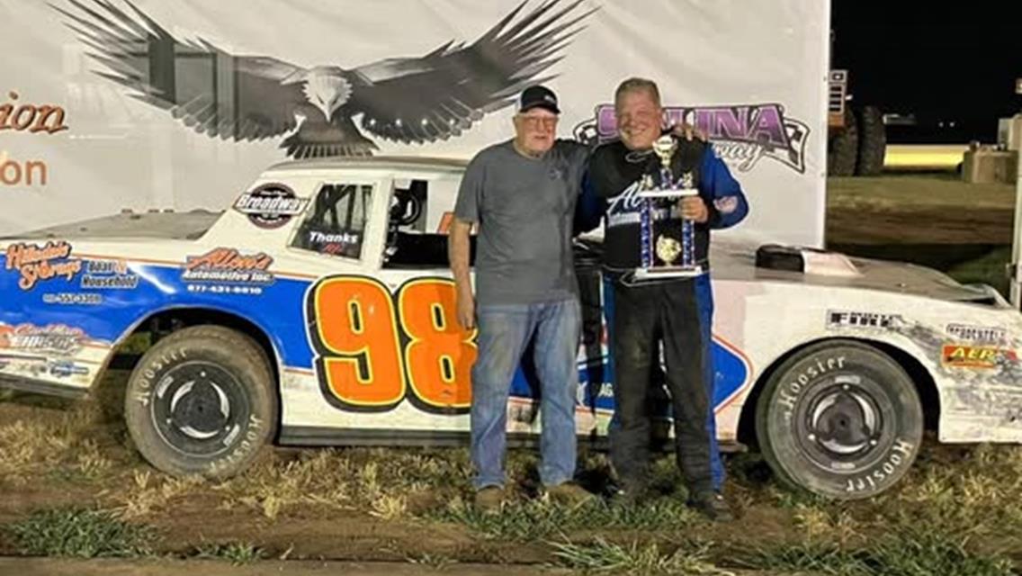 John Allen raced from 15th to the front in Saturday&#39;s feature at Salina Speedway.