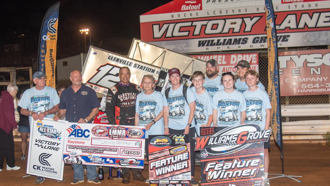 Lance Dewease wins the Lynn Paxton EMMR Legends Classic All Star Circuit of Champions 410 Feature presented by Valvoline at Williams Grove Speedway