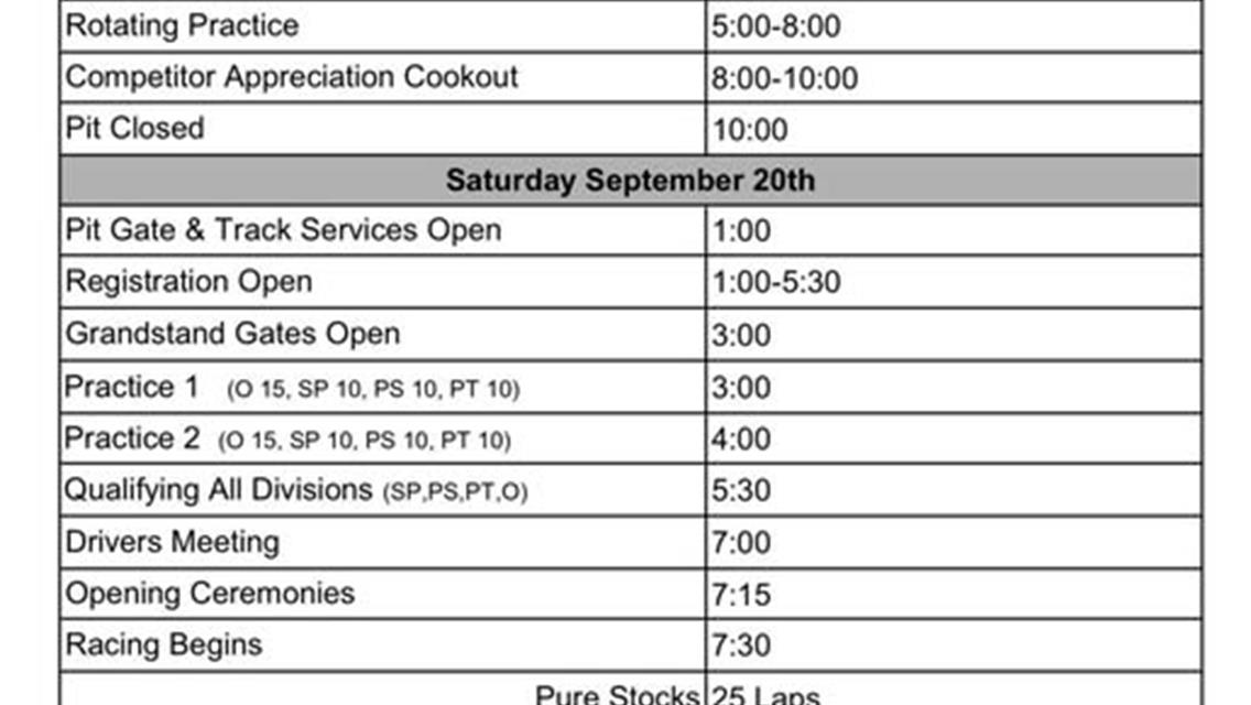 Schedule for Night Of Champions #1 Saturday Sept 20th.