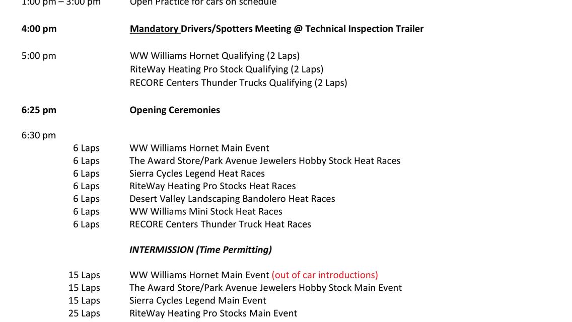 9/27/25 Race Schedule