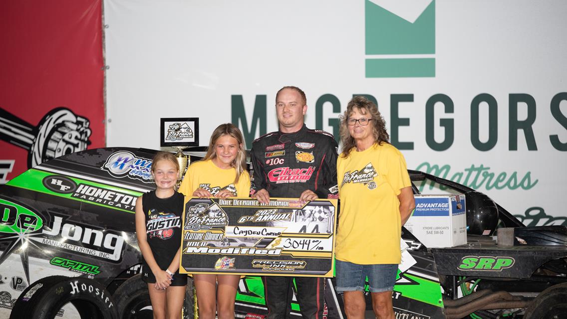 Kay collects Dale DeFrance Memorial checkers at Marshalltown Speedway