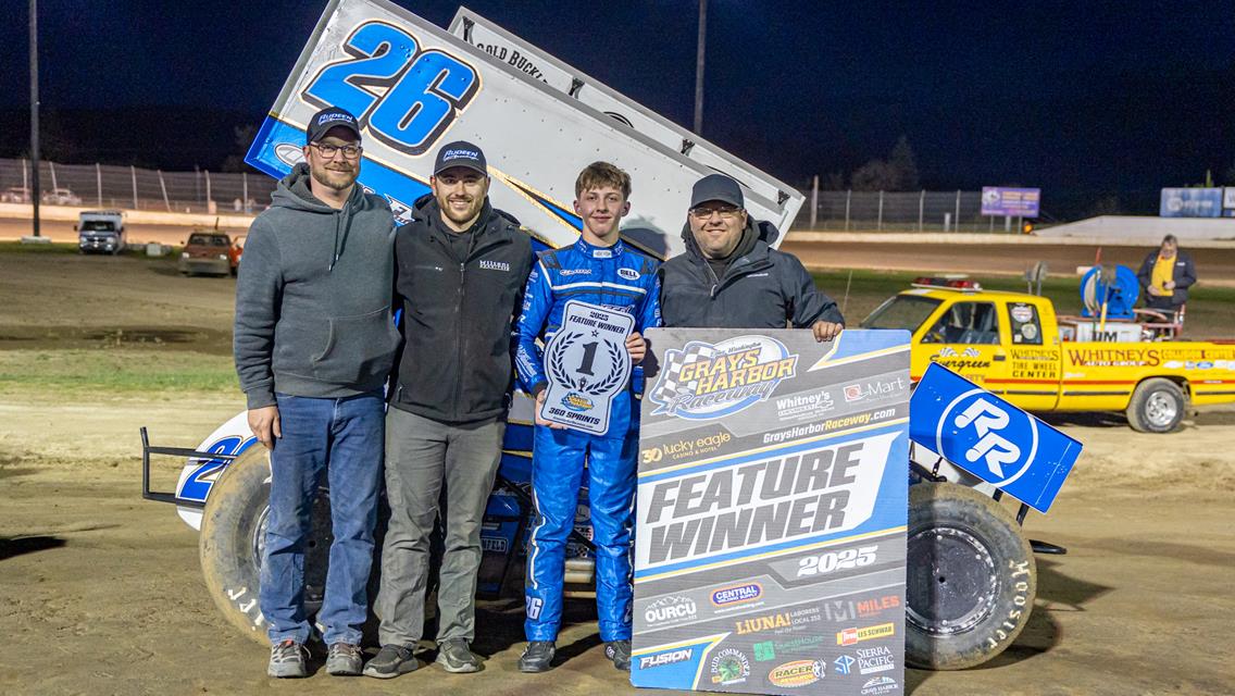First time winners Hillier, Rinkel, and Hayes join Blood in victory lane on opening night at Grays Harbor Raceway.