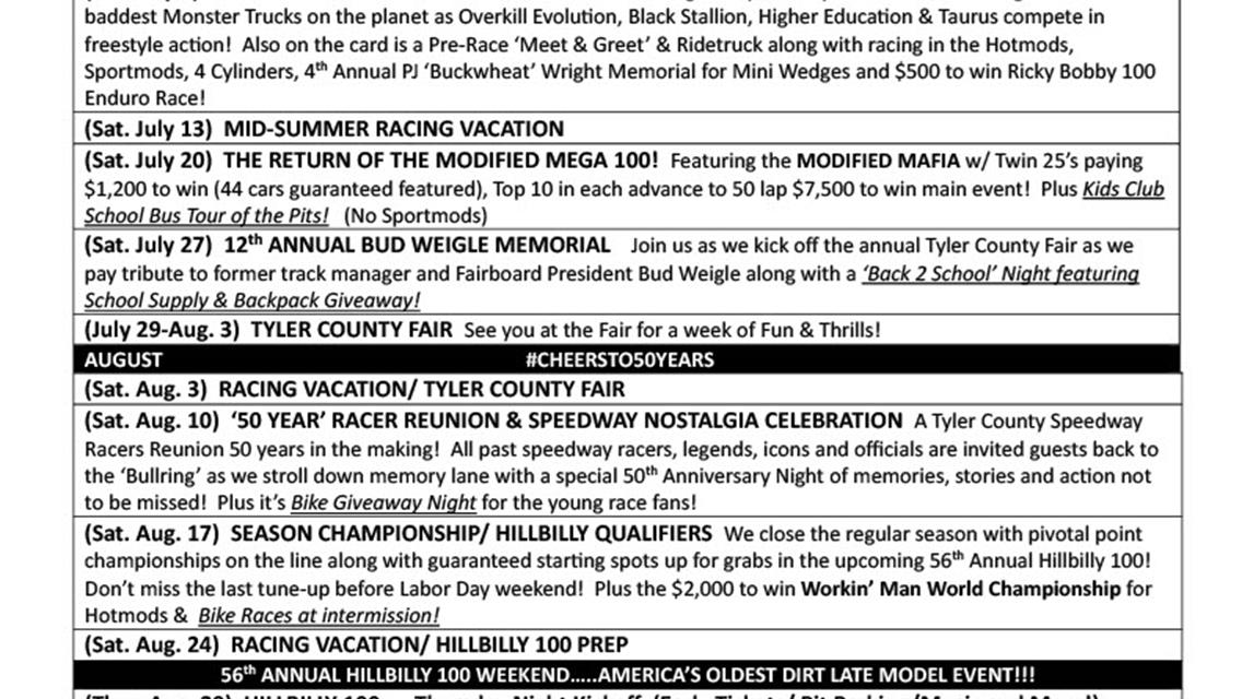 Tyler County Speedway Unveils Thrilling 50th Anniversary Season Schedule