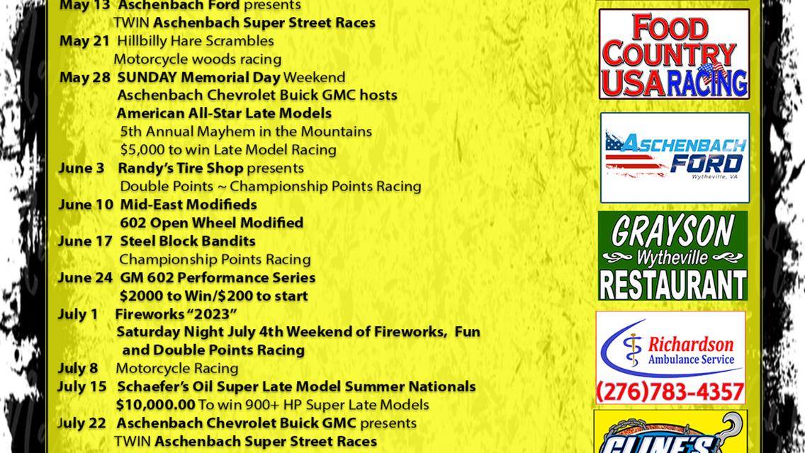 Wythe Raceway Full Schedule  2023