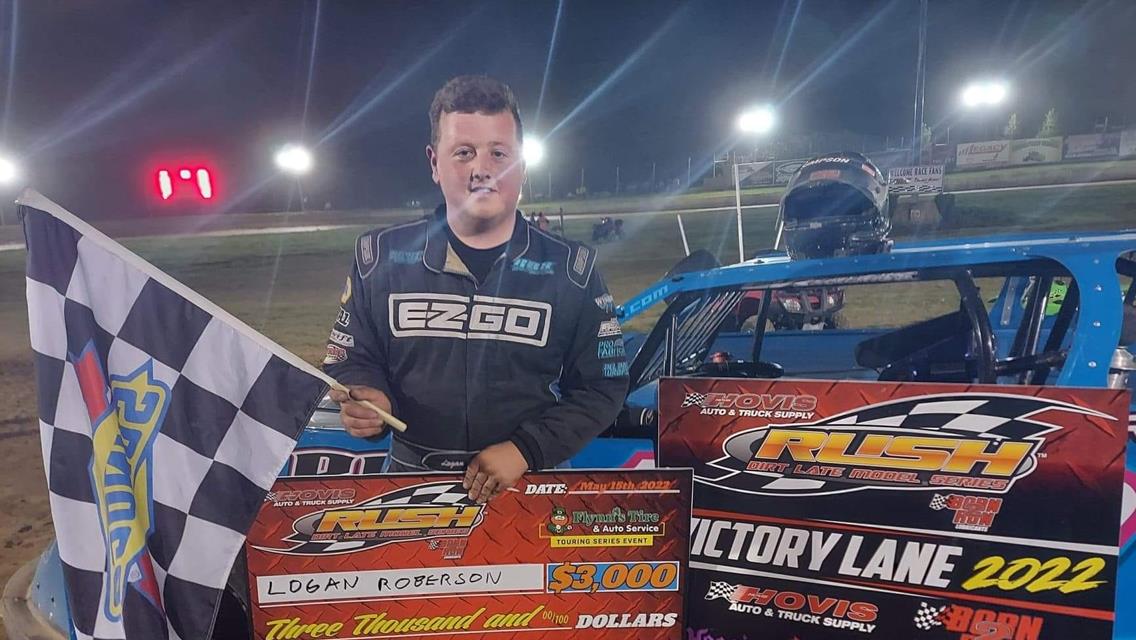 LOGAN ROBERSON MAKES WINNING DEBUT AT ERIEZ FENDING OFF DEFENDING HOVIS RUSH LATE MODEL FLYNN&#39;S TIRE CHAMP KYLE HARDY FOR 3RD WIN IN 5 RACE