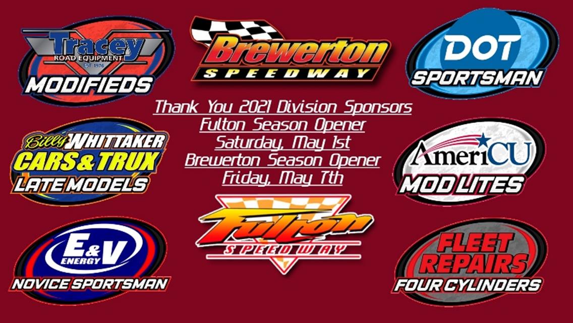 Brewerton and Fulton Speedways Welcome Back Divisional Sponsors for the 2021 Racing Season