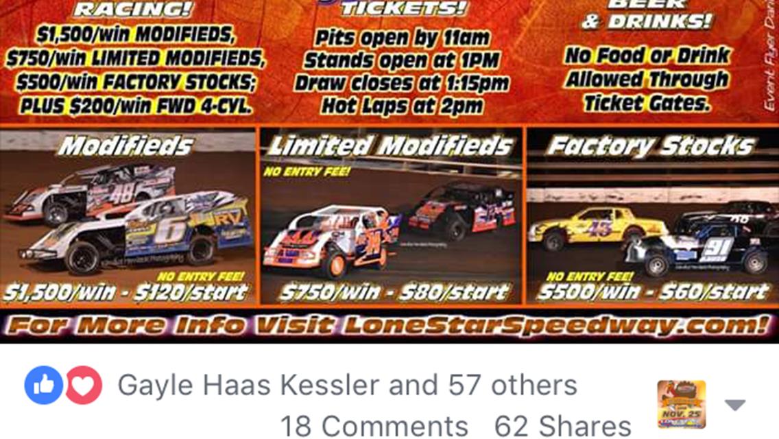 AMAZING FORECAST for THIS SATURDAY&#39;S $34,000 LONESTAR SPEEDWAY COMP CAMS WAYNE HARRIS MEMORIAL TOPLESS TURKEY NATIONALS - 11/25 at 2PM! 73° &amp; SUNNY