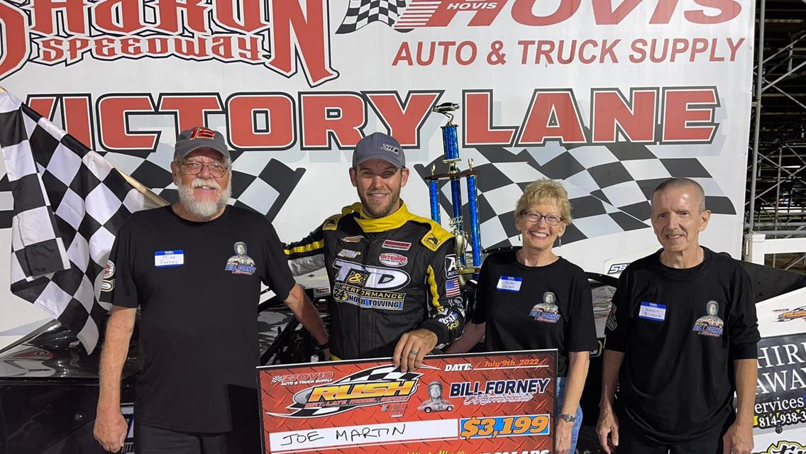 JOE MARTIN REDEEMS HIMSELF IN &quot;BILL FORNEY MEMORIAL&quot; AT SHARON FOR HOVIS RUSH LATE MODELS; HIS 2ND FLYNN&#39;S TIRE TOUR WIN COMES AFTER A SPIRITED BATTLE