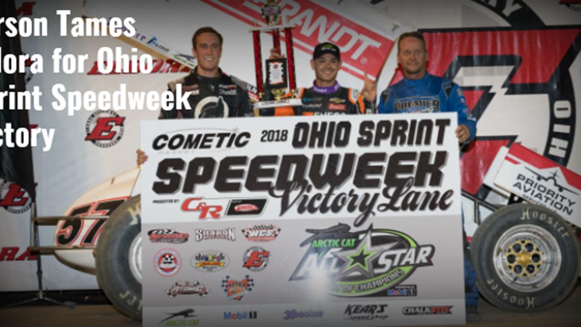 Kyle Larson holds back Carson Macedo and Dave Blaney for Cometic Gasket Ohio Sprint Speedweek presented by C&amp;R Racing victory at The Big E