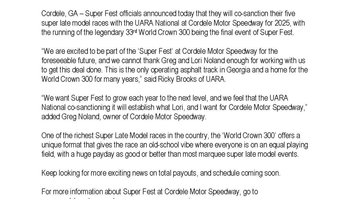 Super Fest and UARA Co-Sanction Super Late Model Events at Cordele