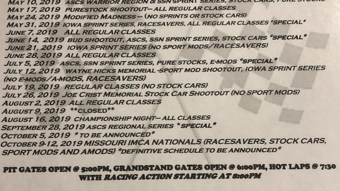 US 36 Raceway Updates 2019 Schedule, announcing the 1st Missouri IMCA Nationals