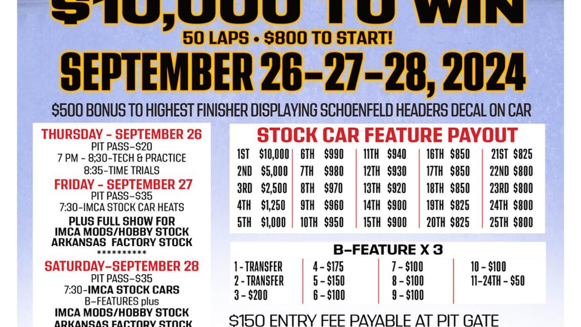 $10,000 to win/$800 to start - SCHOENFELD HEADERS IMCA STOCK CAR CHAMPIONSHIP