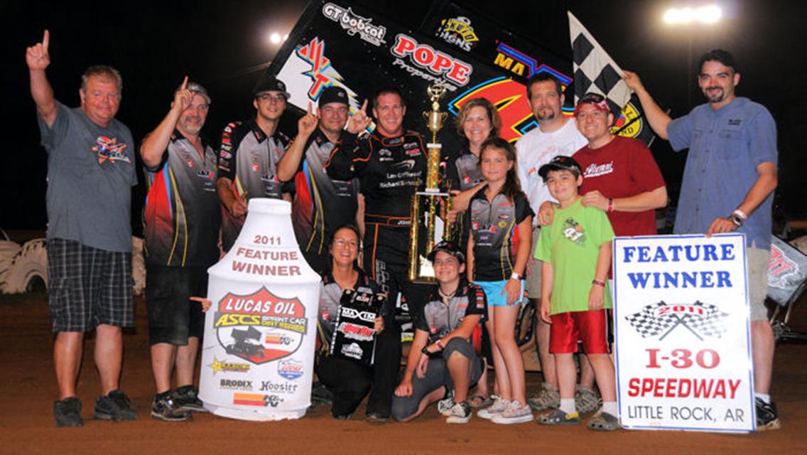 Jason Johnson and the JJR No. 41 crew in Lucas Oil ASCS victory lane after topping Saturday night&#39;s 35-lap main event at Little Rock&#39;s  I-30 Speedway. (Lonnie Wheatley photo)