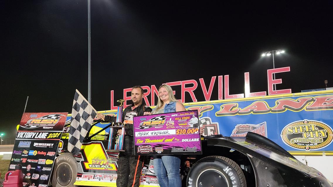 FLORIDA&#39;S MARK WHITENER MAKES A WINNING PACE RUSH LATE MODEL DEBUT PASSING FLYNN&#39;S TIRE/BORN2RUN TOUR POINTS LEADER KYLE HARDY FOR $10,000 &quot;BILL EMIG