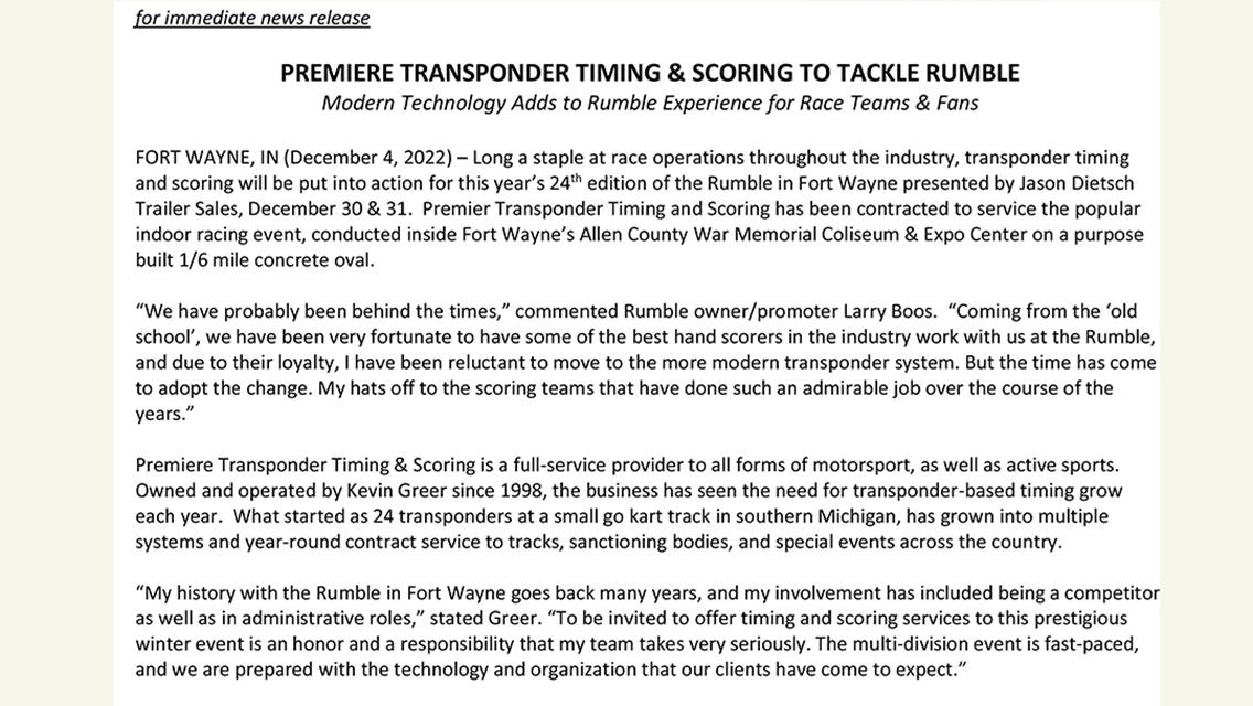 Transponder scoring in all Rumble classes by Premiere Transponder Timing / Scoring