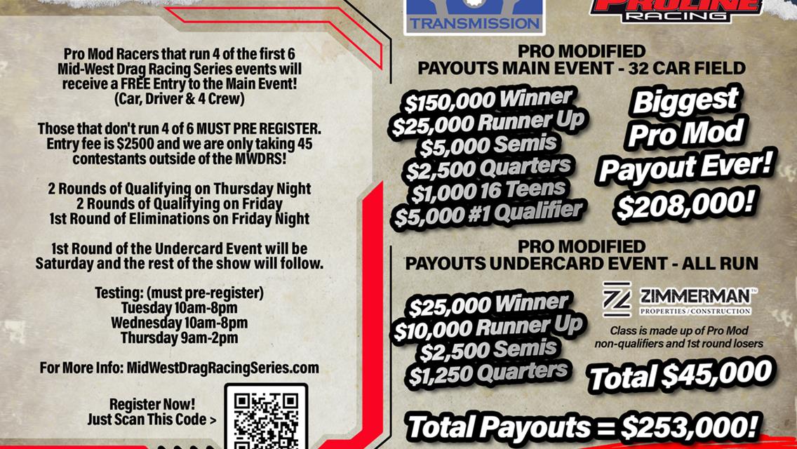 The Summit Racing Equipment Mid-West Drag Racing Series, along with Flying H Drag Strip are pleased to announce the largest payout ever in pro mod.